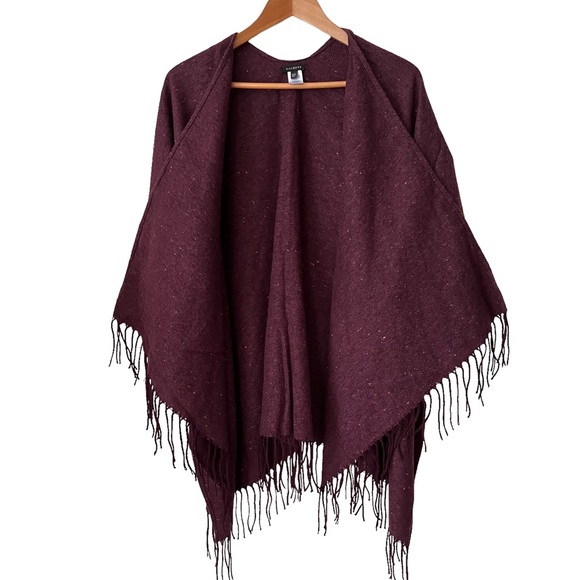 Talbots Womens Fringed Shawl Poncho Cape Burgundy Tweed Sweater Knit M/L M L - Picture 2 of 6